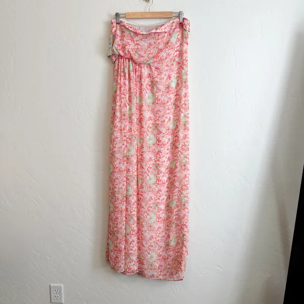 Zara | NWT‎ Floral Chiffon Strapless Tube Maxi Dress in Pink | Medium - Image 3