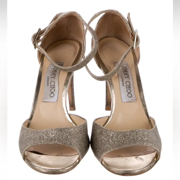 Jimmy Choo Annie D'Orsay Glitter Sparkle Ankle Strap Sandals Heels - Image 3