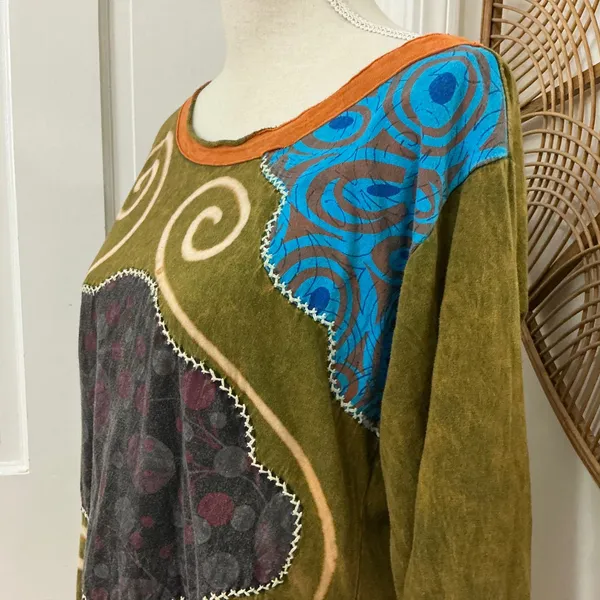 Rising International Patchwork Tunic Dress XL Cotton Boho Hippie Artsy Festival - Image 6
