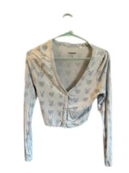 Playboy PacSun Y2K Bunny Heart Print Blue Cropped Cardigan Top Womens Small GUC - Image 7