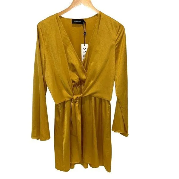 MINKPINK Womens V-Neck Bell Sleeve Tie Wrap Front Mini Dress Marigold Small NWT‎ - Image 2