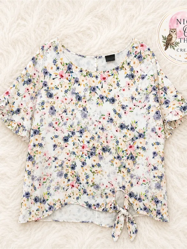 Floral Short Sleeve Ruffle Tie Knot Blouse ~ Women’s XL Cottage Feminine Top - Image 5