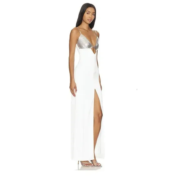 NBD Heera Gown Ivory White Chainmail Silver Metallic Cut Out Maxi Dress Size S - Image 2