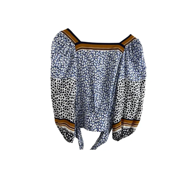 Maeve by Anthropologie Wrap Blouse Blue White Black Print‎ Smocked Waist XS - Image 4
