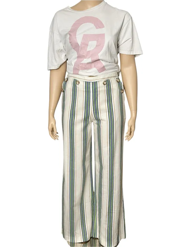 SÉZANE Clayton Linen Cotton Pants, Beige Blue Green Stripes, FR44/US12 - Image 3