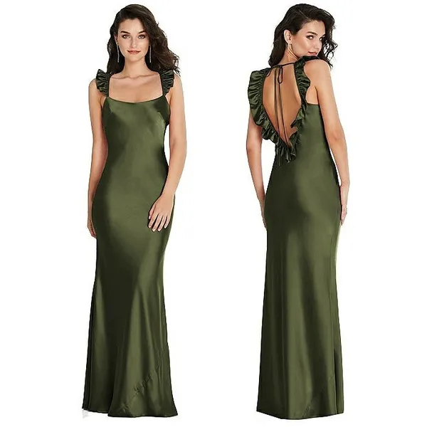 Social Bridesmaids Olive Green Satin Ruffle Flutter‎ Sleeve Maxi Dress XS 8219 - Image 2