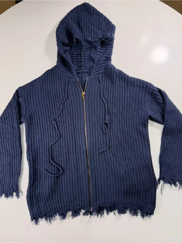 Frayed-Hem Hooded Zip Cardigan Sweater in Navy - Image 2