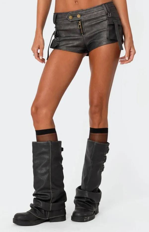 Edikted Faux Leather Micro Cargo Shorts - Image 2