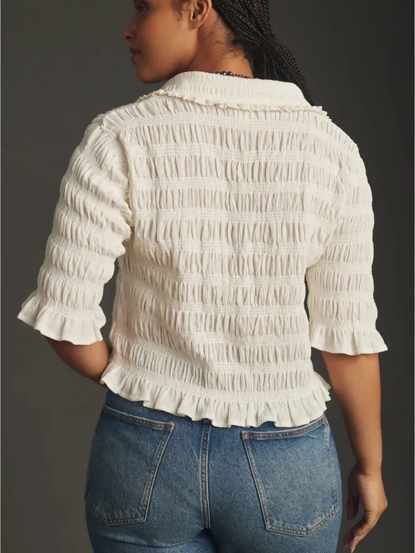 Anthropologie Maeve Cream Smocked Ruffle-Cuff Collared Top Size Large - Image 3