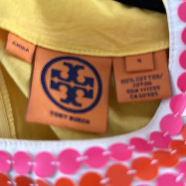 Tory Burch Yellow Embellished Tunic Top Sequin Neck Cotton Size 4 - Image 7