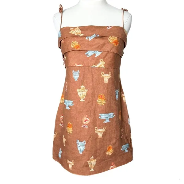 Roame Isola Linen Spaghetti Strap Mini Dress in Ceramica Desert Brown Size US 6 - Image 2