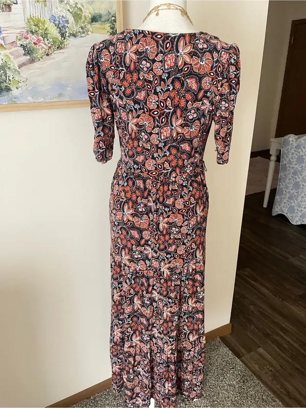 Boden Floral Jersey Knit Short Sleeve Tiered Faux Wrap Maxi Dress US 4R - Image 6