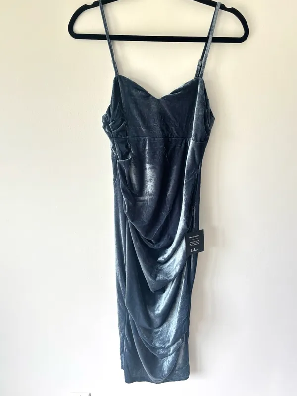 Lulus Plush Personality Slate Blue Velvet Ruched Bodycon Midi Dress Formal - Image 4