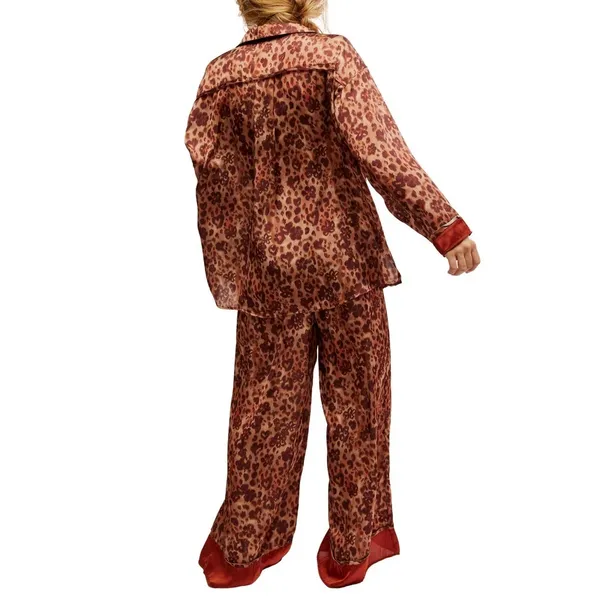 Intimately Free People Cheetah Leopard Floral Brown Silky Pajama Shirt Size L - Image 4