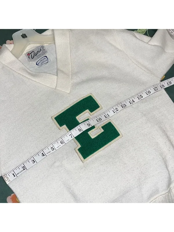 Vintage Cheer Letterman’s Sweater E College Sports Team E Green V Neck sweater - Image 9