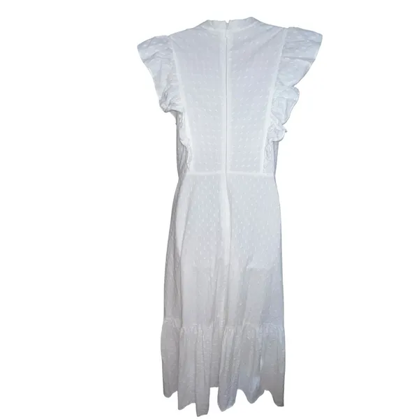 BCBGMAXAZRIA Women's Ruffle Short Sleeve Maxi Dress V Neck‎ White Large Cotton - Image 5