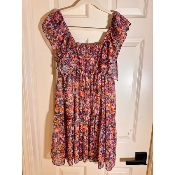 Lavender Brown‎ Floral Flutter Sleeve Tiered Mini Dress Orange Purple XS USA - Image 5