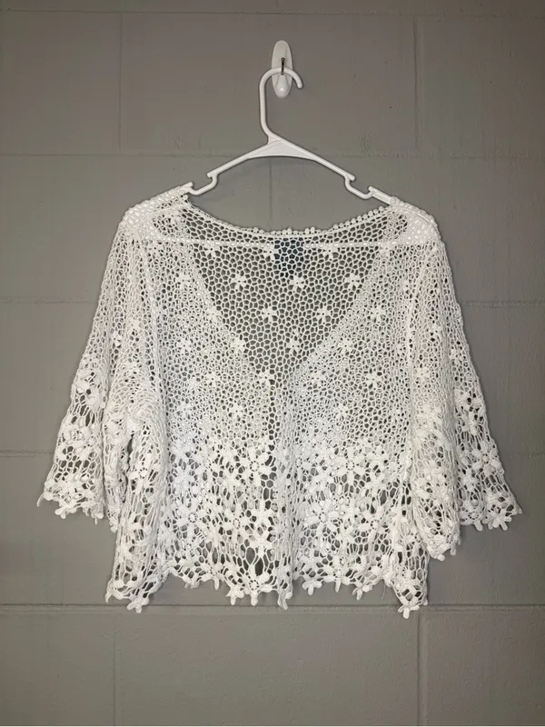 Vintage White Crochet Lace Cotton Cardigan Cover Up Women's XL Boho Cottagecore - Image 8