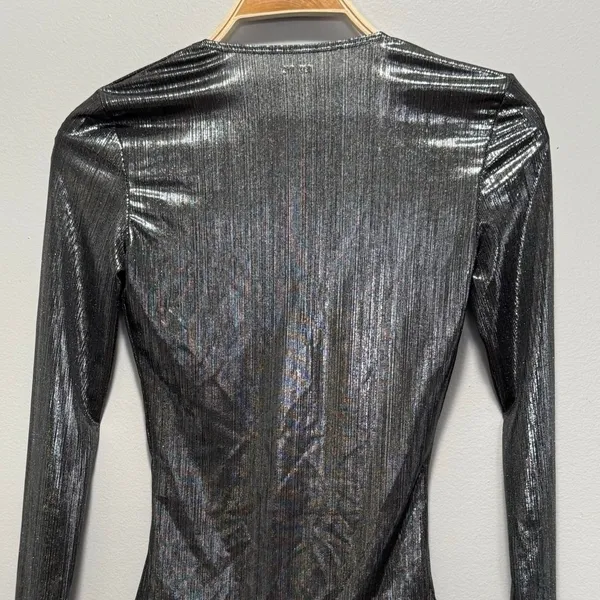 Alix NYC Irving Lamé Bodysuit Small Gunmetal Metallic Deep V-Neck Long Sleeve - Image 7
