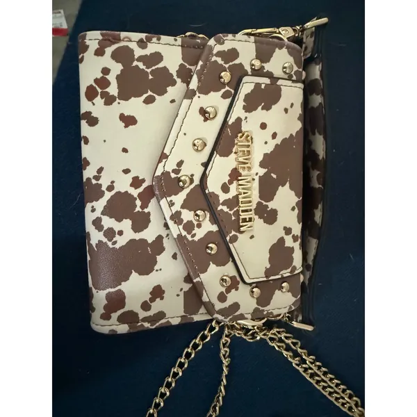Steve Madden Cow Print Micro Crossbody Bag Brown White Gold Studded Mini Handbag - Image 3