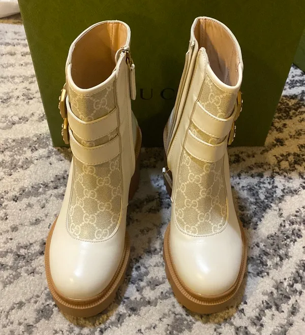 Gucci Kensington Calfskin Nappa GG Supreme Monogram Double Buckle Ankle Boots - Image 2
