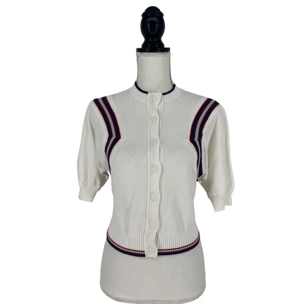 Maeve Puff Sleeve Cardigan White Inset Graphic Button Front‎ Sweater Size S - Image 2