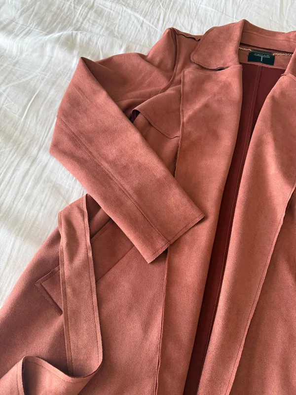 Rust Orange Faux Suede Belted Trench Coat - Image 3