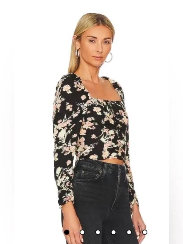 Free People Black Boho Floral Print Long Sleeve W/ Smock Detail Viscose Top NWT - Image 2