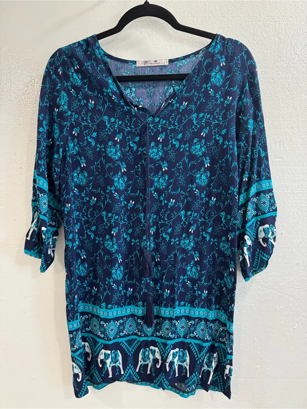 Blossom by P Blue Boho Floral Tunic Top Elephant Border Tassel Tie Size Medium M - Image 2