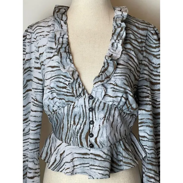Vintage Havana Blue and Black Animal Print Ruffle Cropped Peplum Blouse‎ XS - Image 4