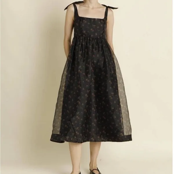 NWT Whimsigoth Floral Organza Midi Dress Black Rose Tie Shoulder‎ Smocked XS - Image 2