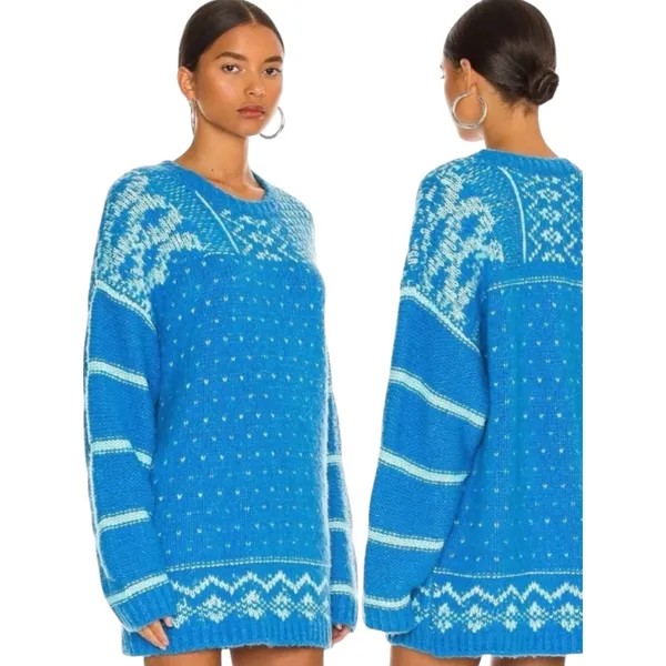 Free People Oversized Fair Isle Tunic Snow Day Pullover Wool Blend Sweater XL - Image 3