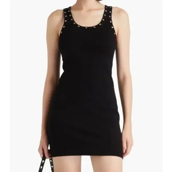 Re/Done Eyelet-Embellished Mini Dress Size Large Black Ribbed Grommet Grunge - Image 8