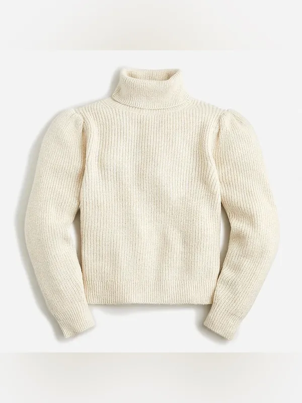 J. Crew Cream Cropped Puff Sleeve Turtleneck Sweater Wool Alpaca Size Medium - Image 2