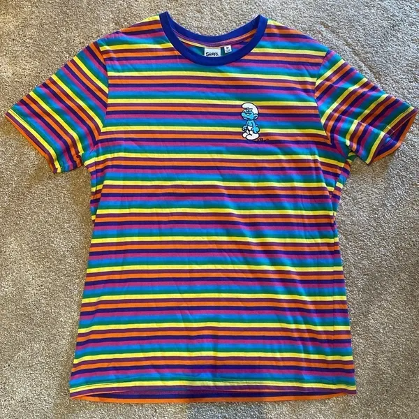 Smurfs Cotton Rainbow Stripe Short Sleeve T-Shirt Size Medium - Image 2