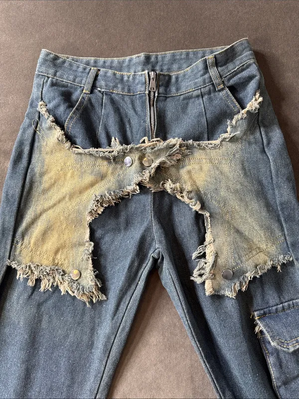 Women’s Streetwear Y2K Blue Denim Jeans Star Design Baggy Wide Leg Size 28 NEW - Image 11