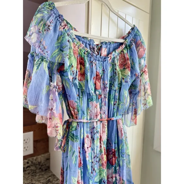 Zimmermann Winsome Sky Sunbleach Floral 100% Silk Ruffle Mini Dress Size 2 - Image 3