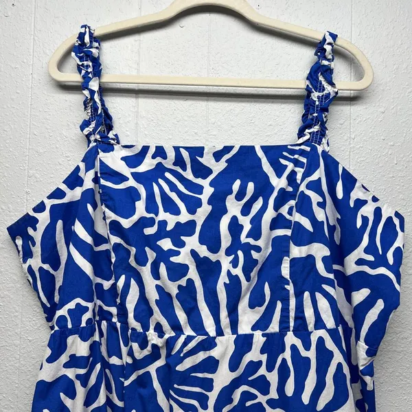 H&M Babydoll Midi Dress Womens XL Smocked Beachy Coastal Nautical Travel Island - Image 3
