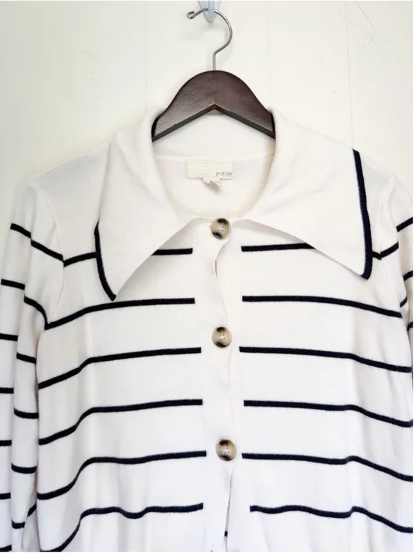 BY DESIGN Striped Button Collared Cardigan White Black Medium - Image 2