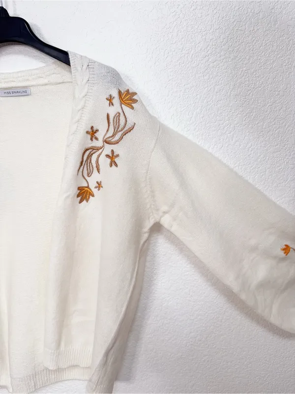Miss Sparkling Ivory Floral Embroidered Open Front Knit Cardigan Sweater - Image 5