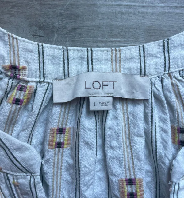 Loft Striped Embroidered Puff Sleeves Blouse Size L - Image 2