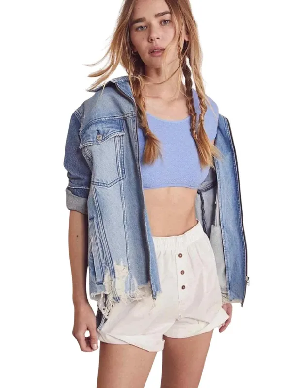 Free People We The Free Your Dad's Distressed Denim Jean Jacket Women's Medium - Image 3