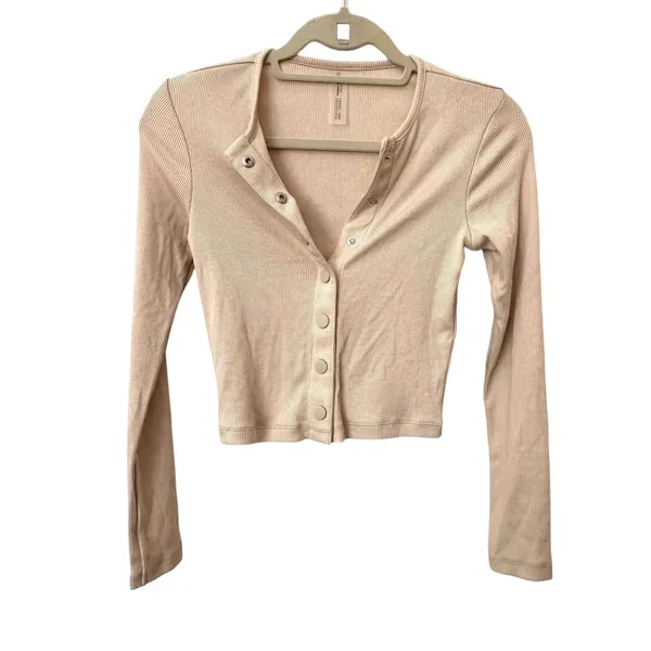OUTDOOR VOICES Ribbed Button Front‎ Crop Top Oatmeal Small - Image 2