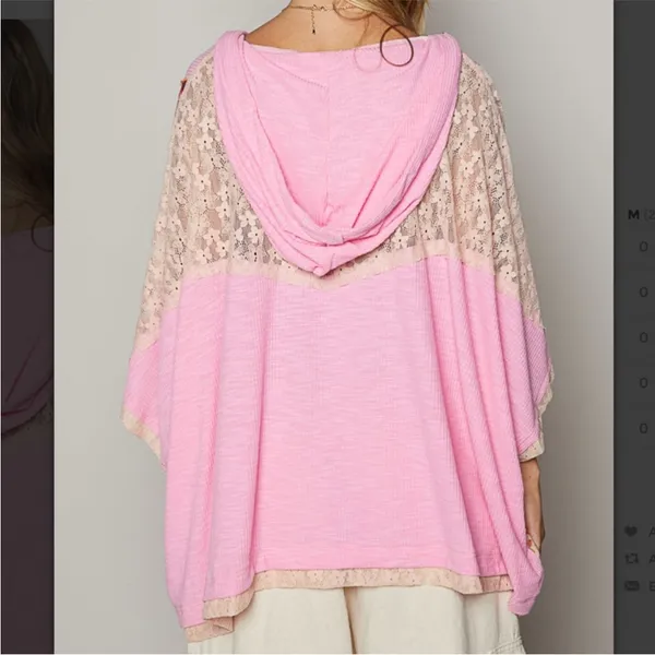 NEW POL Pink Blush Oversized Peace Sign Floral Mixed Media V-Neck Hoodie Top S - Image 4