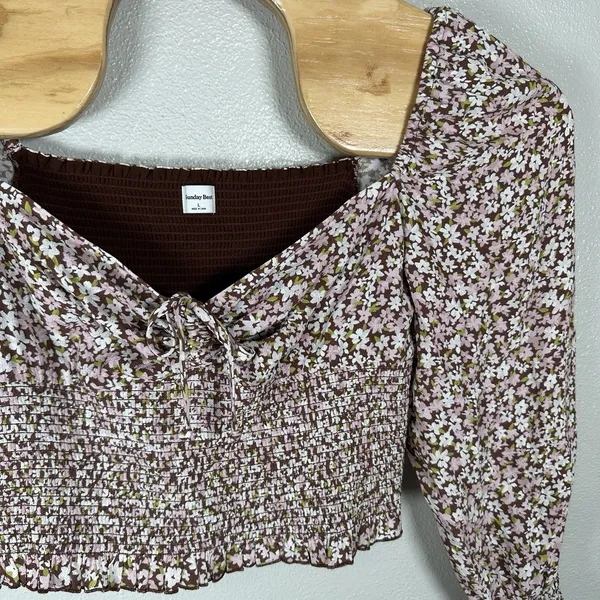 Aritzia Sunday Best Brown Pink Floral Crop Top Womens Large Long‎ Sleeve Boho - Image 2