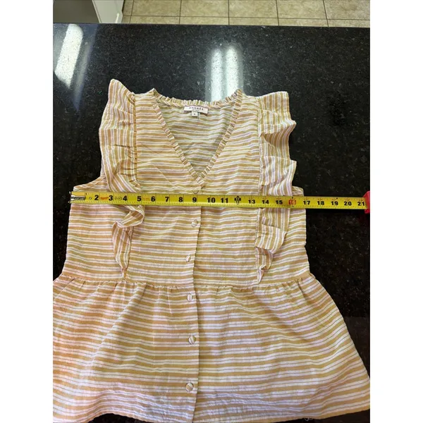 Andree‎ By Unit Women's Top Sz Sm White Yellow Stripe Cotton Ruffle Shirt Blouse - Image 6