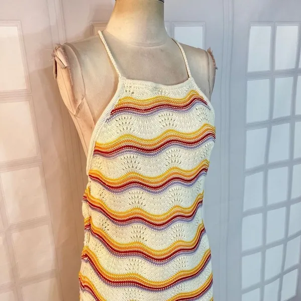 Lulus Natural Bliss NWT Ivory Striped Crochet Lace Up Halter Midi Dress Medium - Image 6