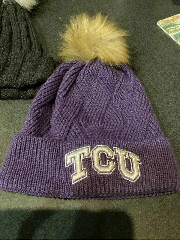 TCU set of 2 Pom Beanie Knit Hat - Purple and Charcoal - Image 4