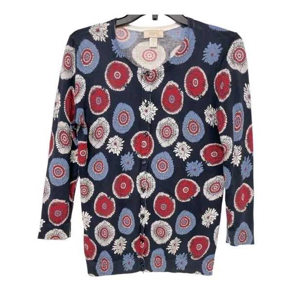 Ann Taylor Loft Women's Red White Blue Print Lightweight Cardigan Size Medium - Image 2