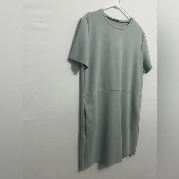 Zara women’s size L Sage Green Shift Dress Raw Hem Short Sleeve Pockets(A425)✨ - Image 7